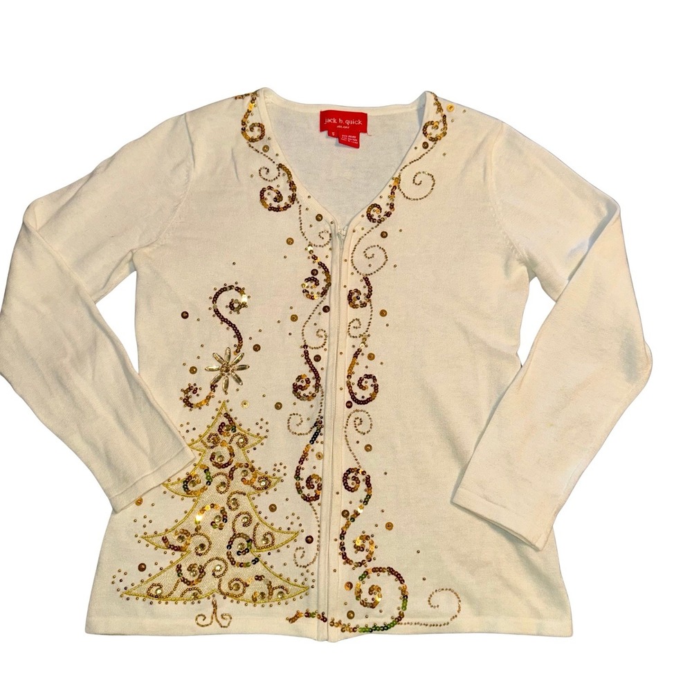 Jack B Quick White Christmas Cardigan Small Gold Embellished Long Sleeve